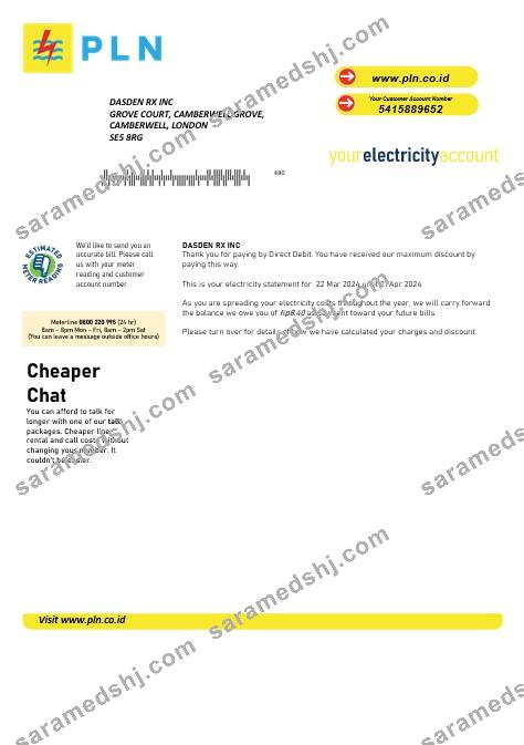 Indonesia PLN electricity business utility bill template in Word and PDF formats